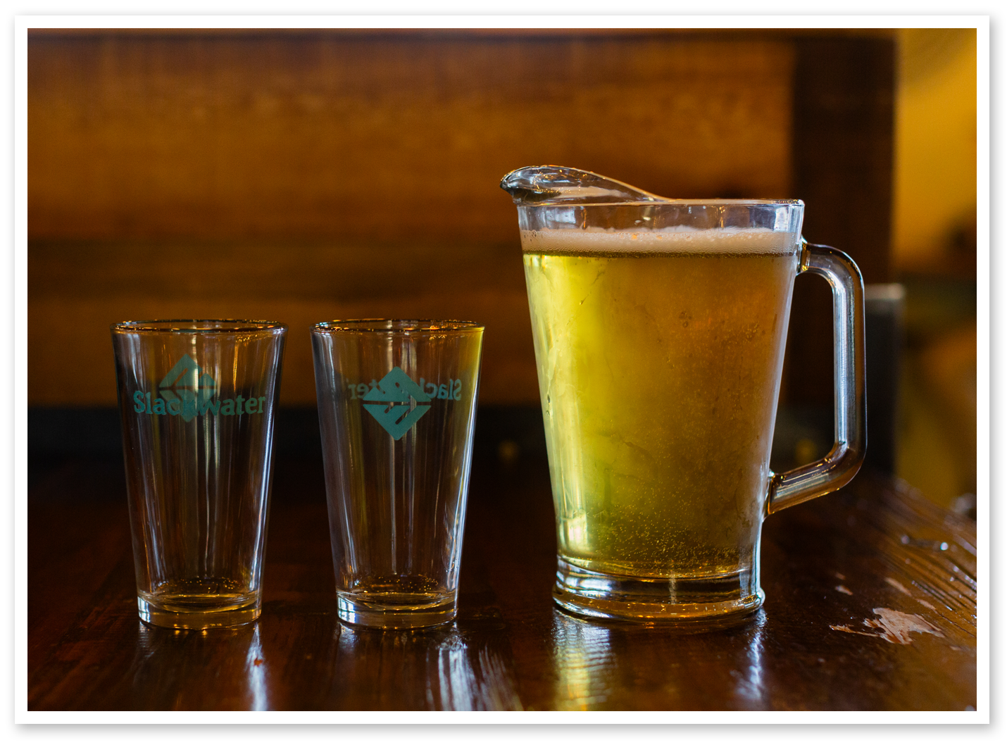 Slackwater Pitcher of Beer and Glasses